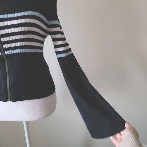 Cali‎ Be Full Zip Cardigan Sweater Women Medium Navy Blue Stripe Preppy Academia - Picture 5 of 13